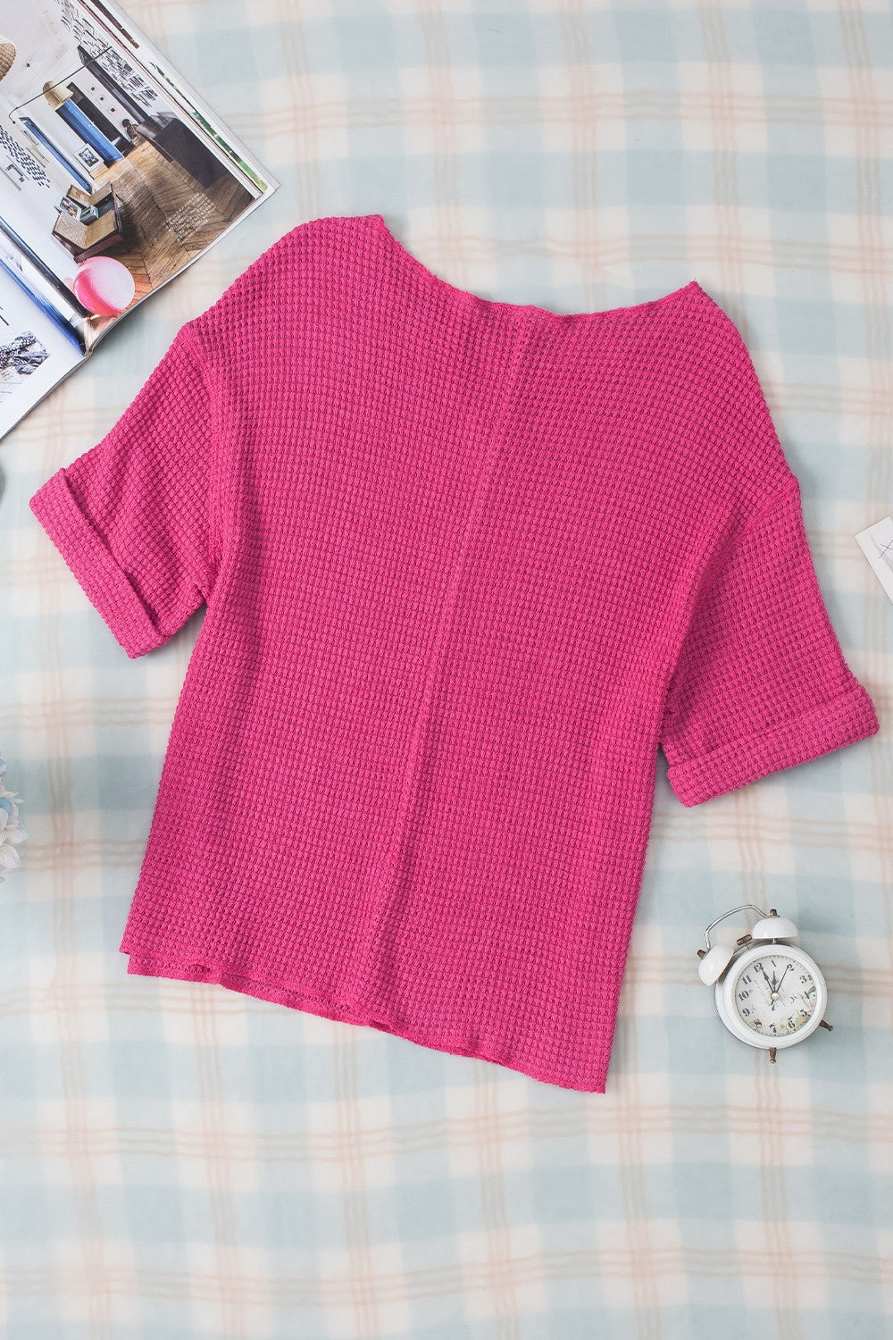Textured Cuffed Short Sleeve Top.