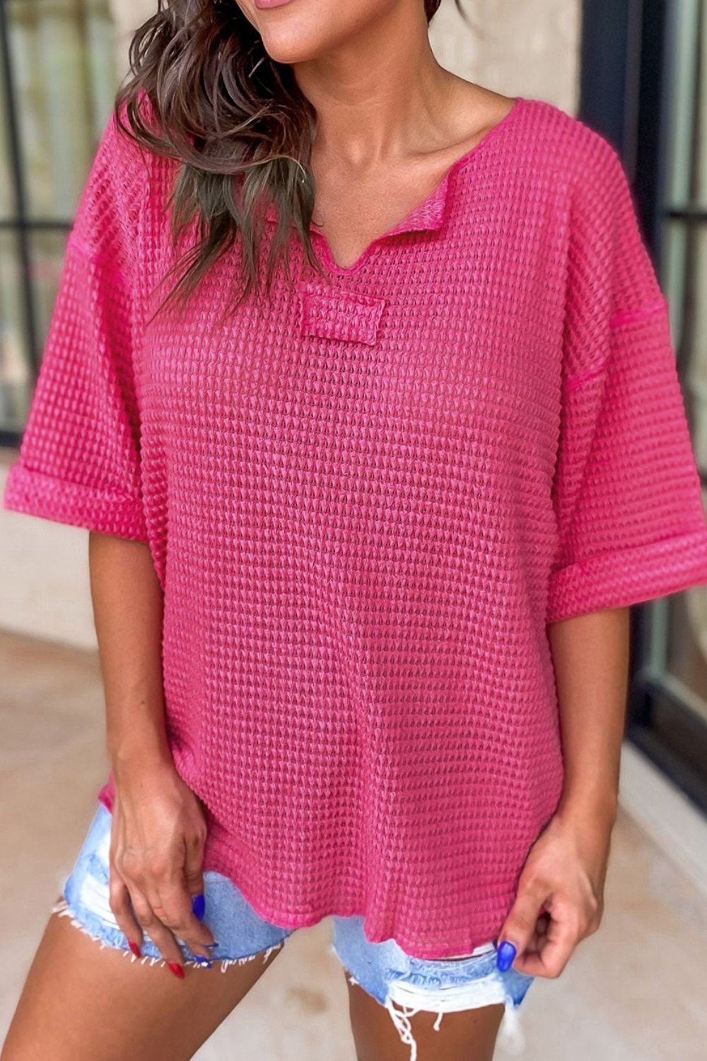 Textured Cuffed Short Sleeve Top.
