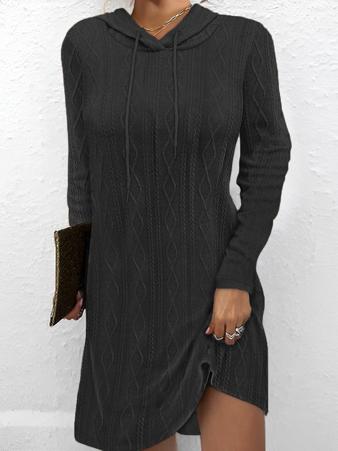 Textured Drawstring Long Sleeve Hooded Dress.