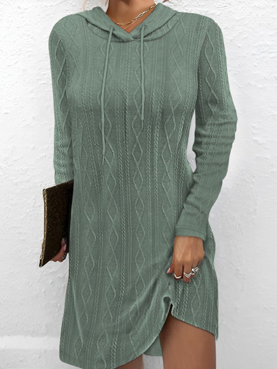 Textured Drawstring Long Sleeve Hooded Dress.