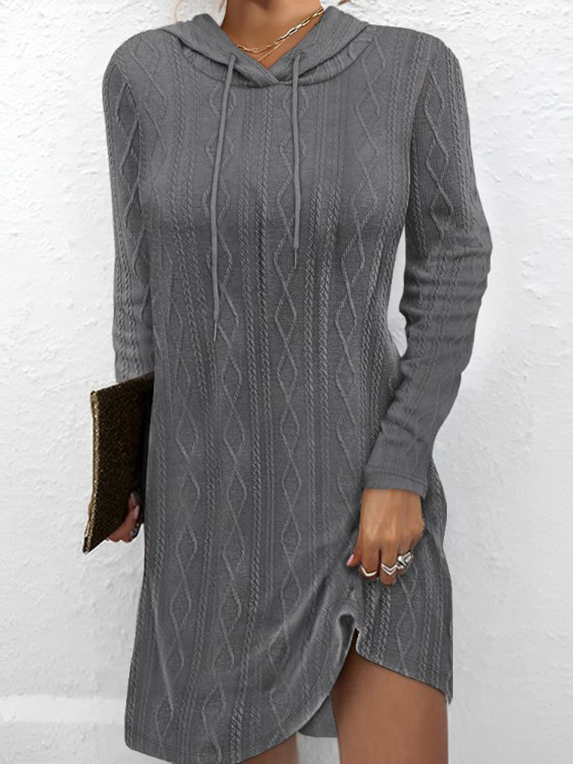 Textured Drawstring Long Sleeve Hooded Dress.