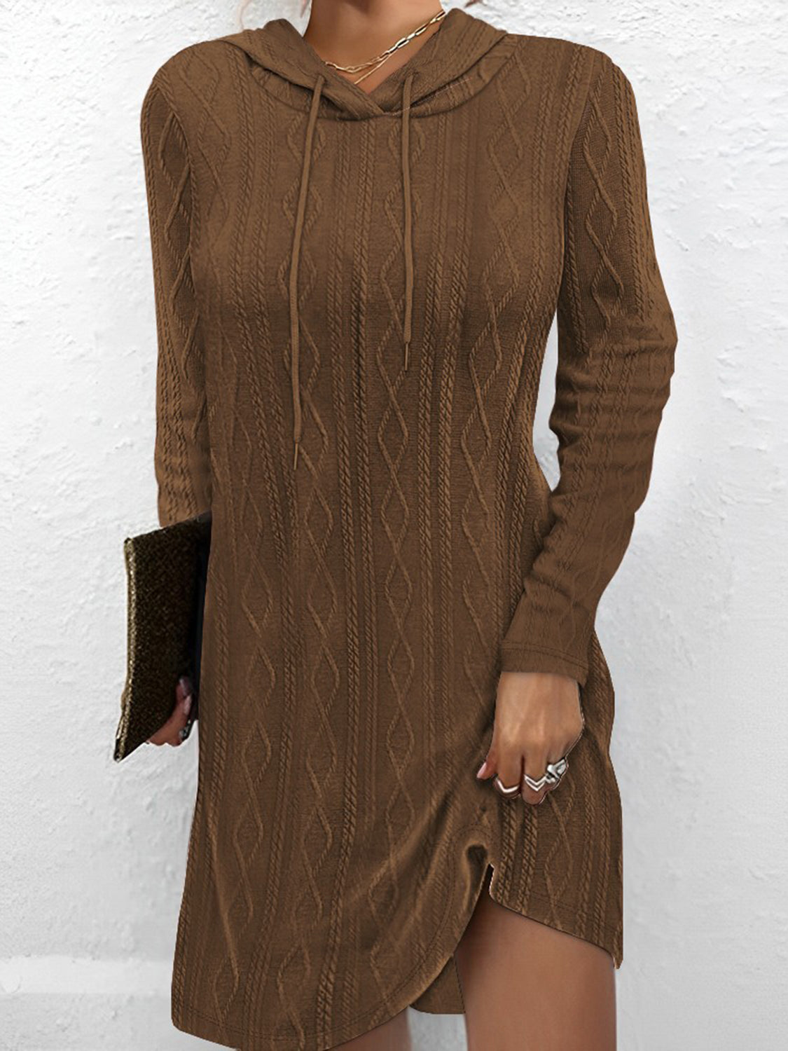 Textured Drawstring Long Sleeve Hooded Dress.