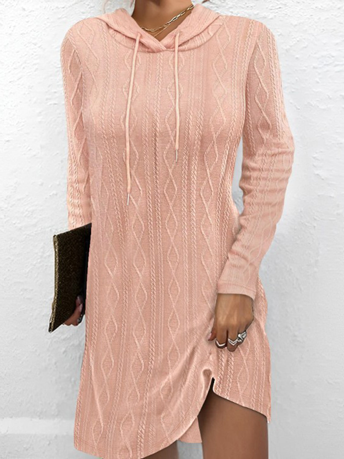 Textured Drawstring Long Sleeve Hooded Dress.
