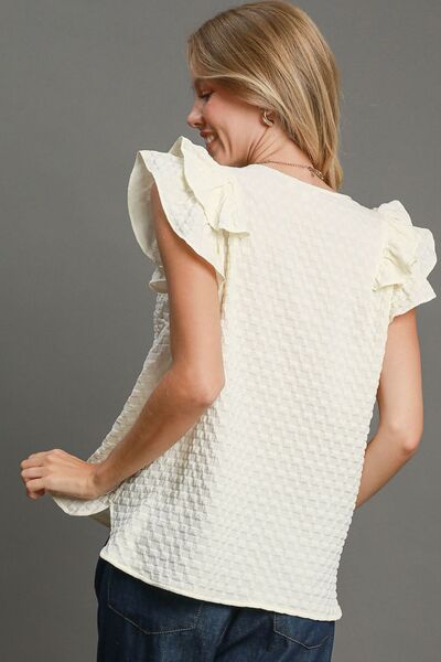 Umgee Full Size Textured Jacquard V-Neck Ruffle Cap Sleeve Blouse, plus size.