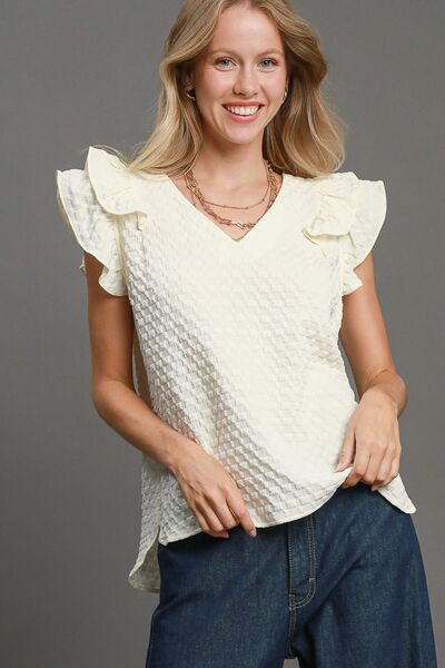 Umgee Full Size Textured Jacquard V-Neck Ruffle Cap Sleeve Blouse, plus size.