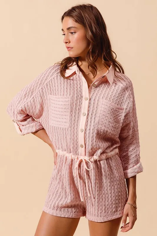 Textured Knit Button Front Romper with Drawstring and Pockets.