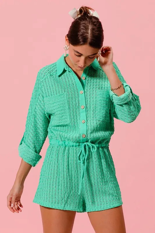 Textured Knit Button Front Romper with Drawstring and Pockets.
