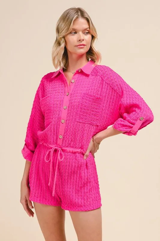 Textured Knit Button Front Romper with Drawstring and Pockets.