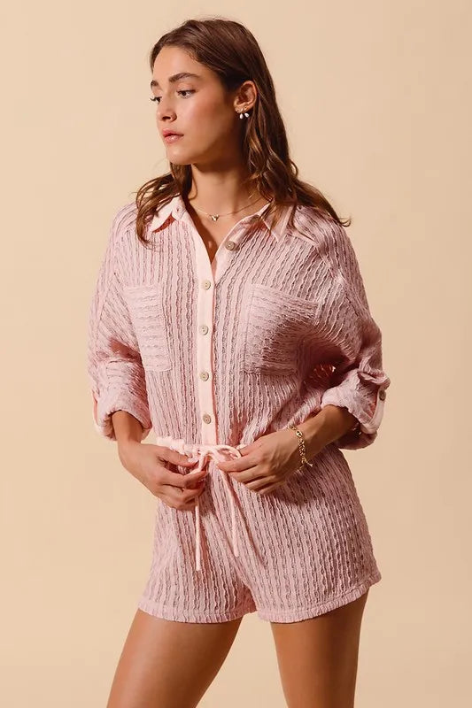 Textured Knit Button Front Romper with Drawstring and Pockets.