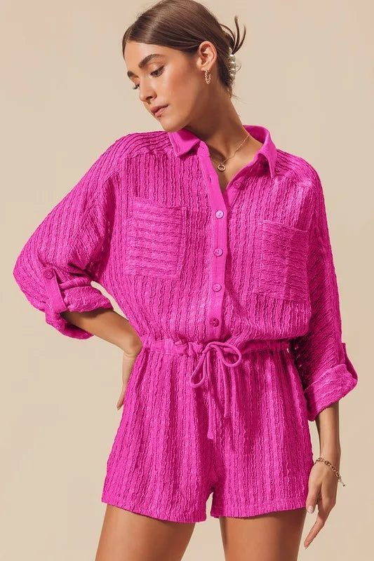 Textured Knit Button Front Romper with Drawstring and Pockets.
