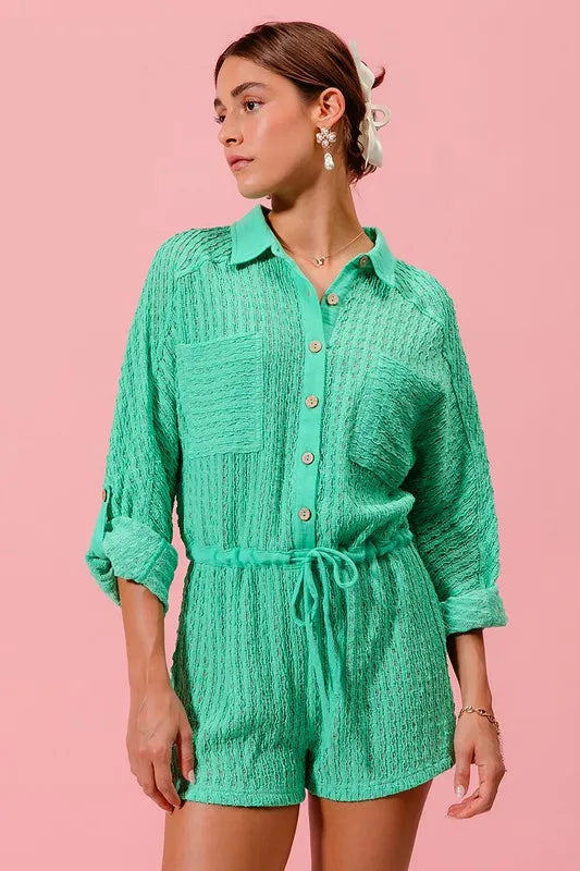 Textured Knit Button Front Romper with Drawstring and Pockets.