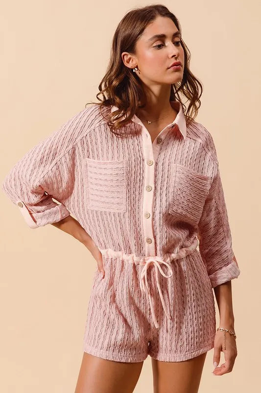 Textured Knit Button Front Romper with Drawstring and Pockets.