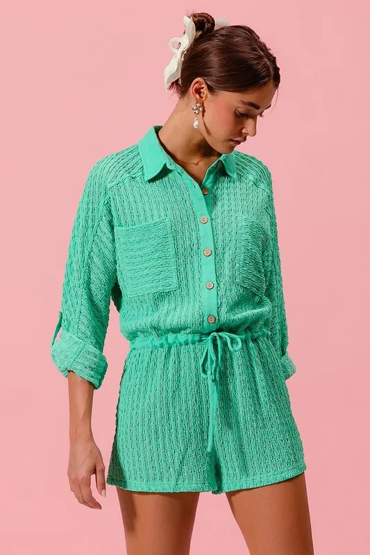 Textured Knit Button Front Romper with Drawstring and Pockets.