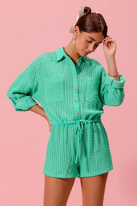 Textured Knit Button Front Romper with Drawstring and Pockets.