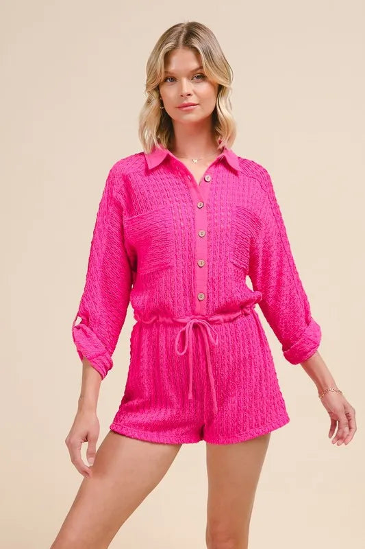 Textured Short Sleeve Half Zip Drawstring Waist Romper with Chain.