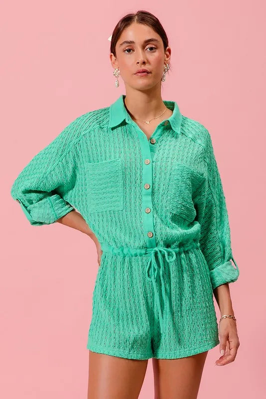 Batwing Sleeve Waist Belt Romper with Ruched and Ruffled Details.