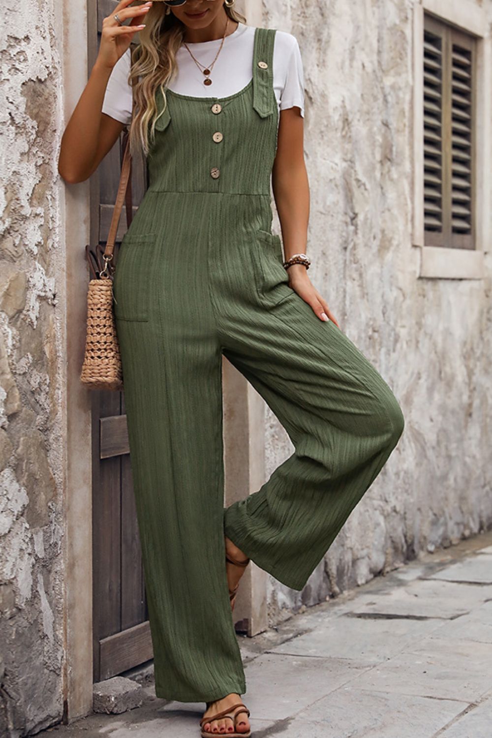 Textured Pocketed Wide Strap Overalls with Buttons.