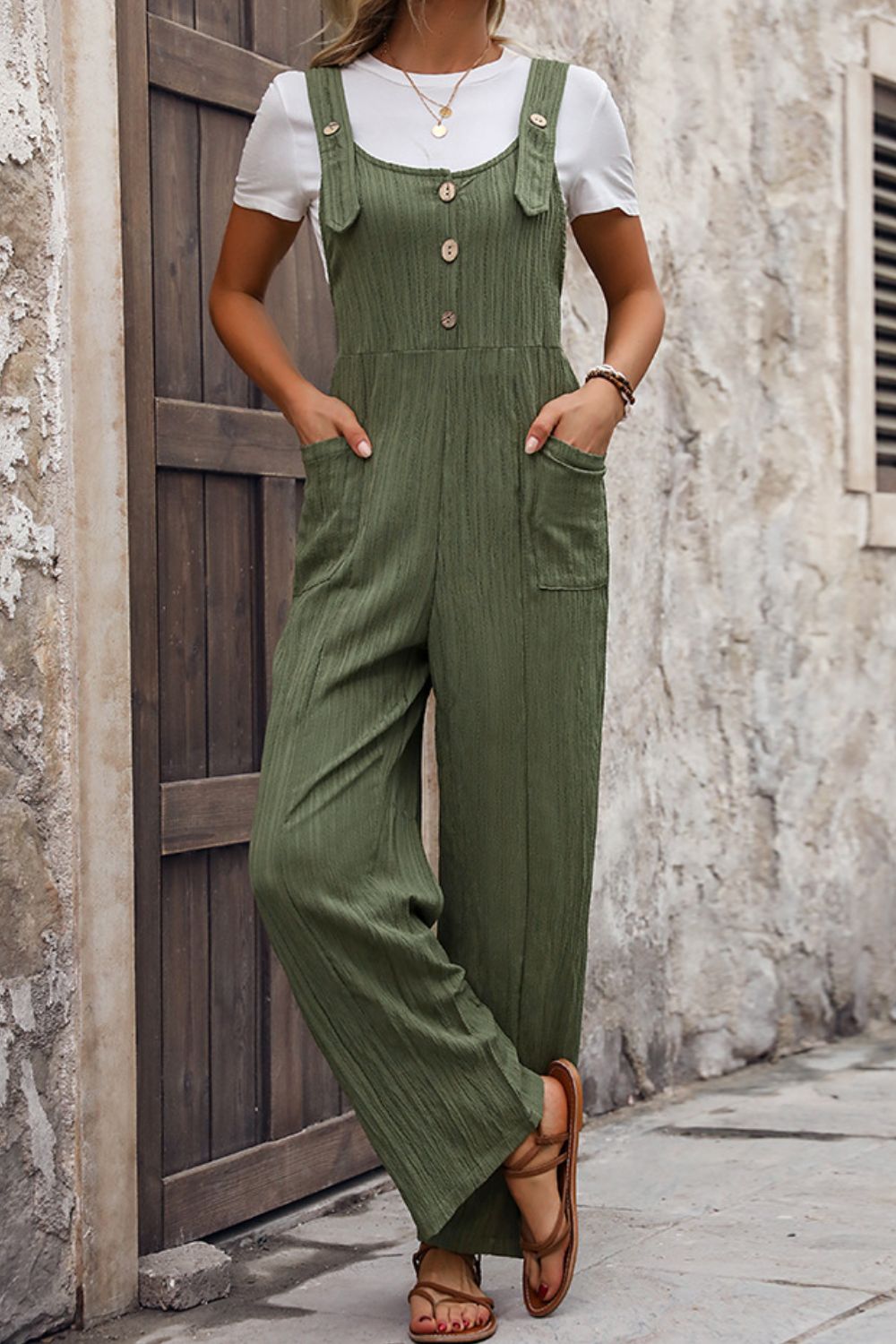 Textured Pocketed Wide Strap Overalls with Buttons.