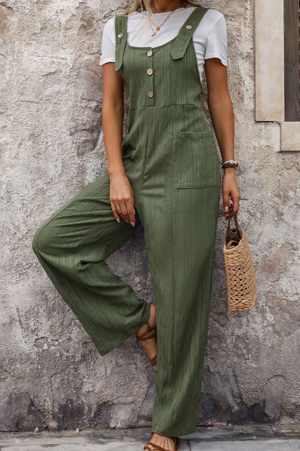 Textured Pocketed Wide Strap Overalls with Buttons.