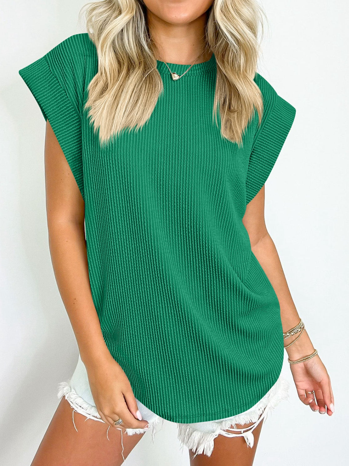 Lovelet Textured Round Neck Cap Sleeve Blouse.