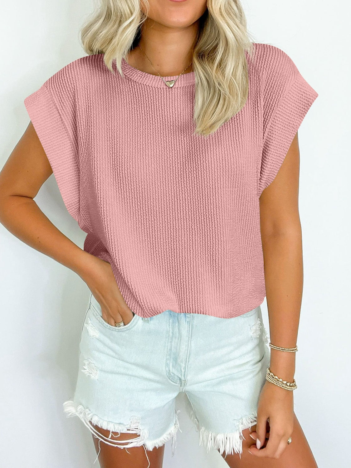 Lovelet Textured Round Neck Cap Sleeve Blouse.