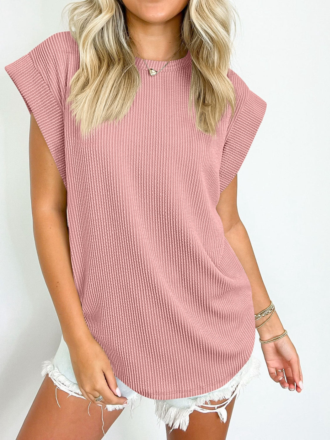 Lovelet Textured Round Neck Cap Sleeve Blouse.