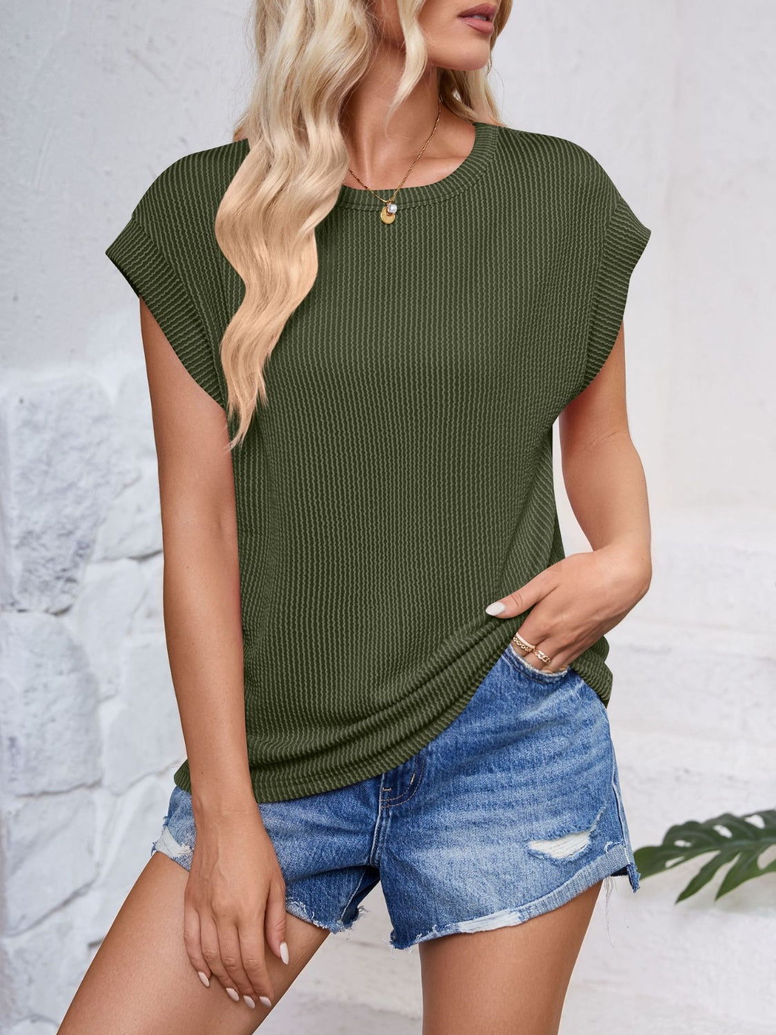 Lovelet Textured Round Neck Cap Sleeve Blouse.