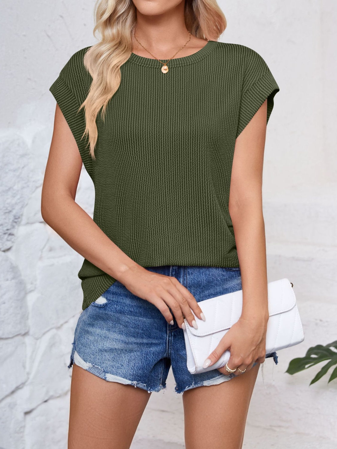 Lovelet Textured Round Neck Cap Sleeve Blouse.