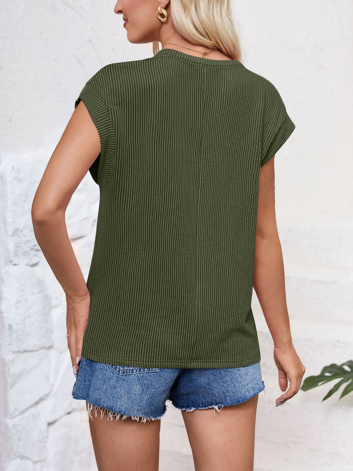 Lovelet Textured Round Neck Cap Sleeve Blouse.