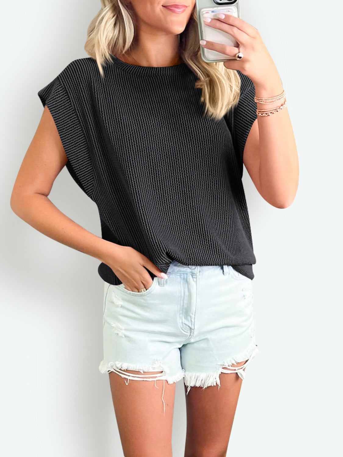 Lovelet Textured Round Neck Cap Sleeve Blouse.