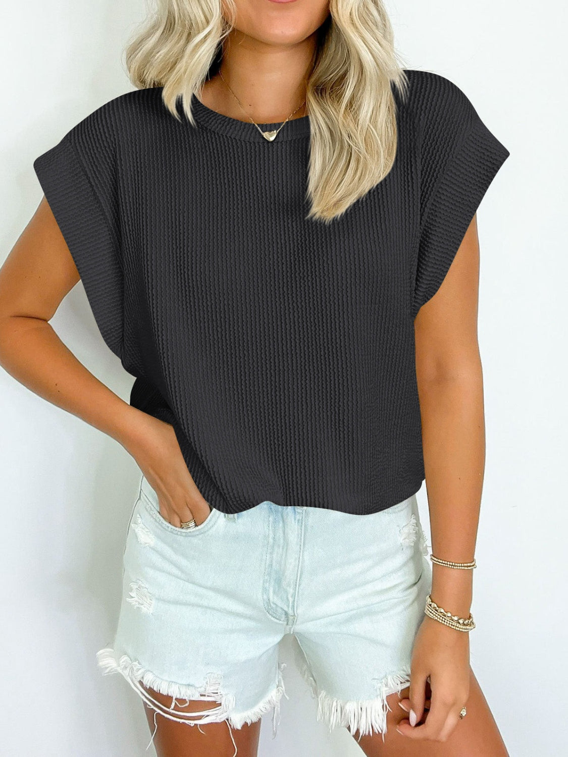 Lovelet Textured Round Neck Cap Sleeve Blouse.