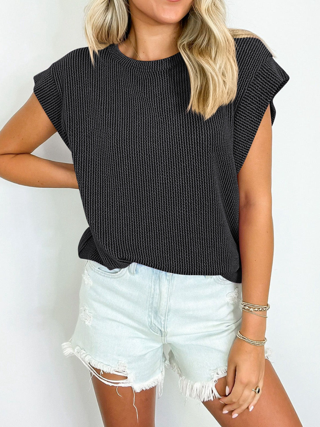 Lovelet Textured Round Neck Cap Sleeve Blouse.