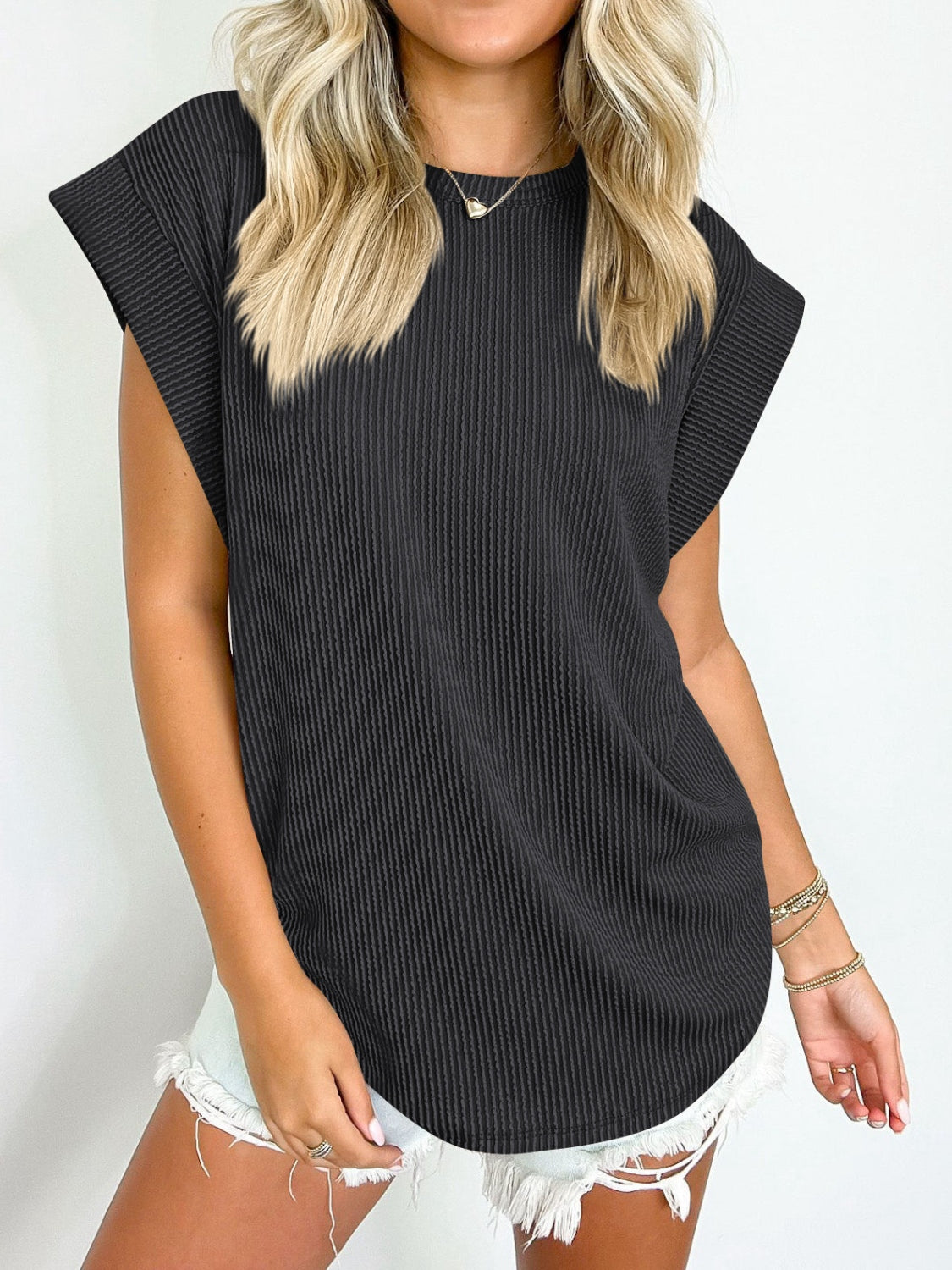 Lovelet Textured Round Neck Cap Sleeve Blouse.