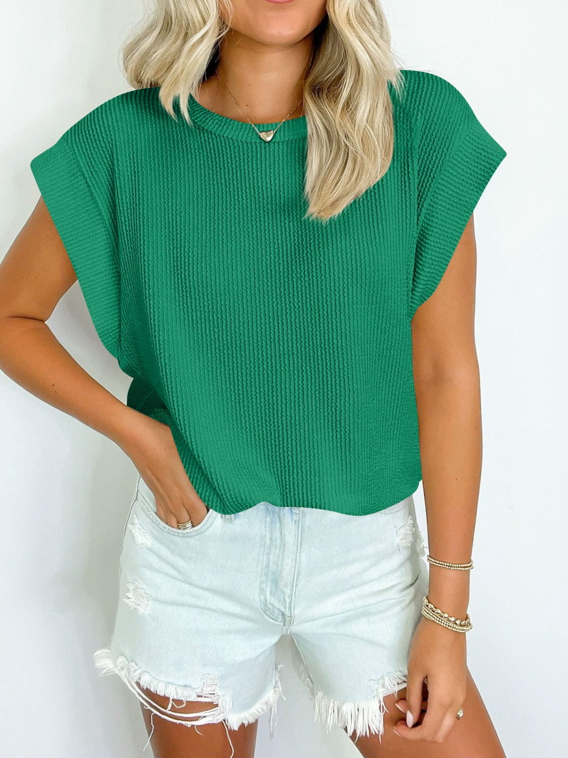 Lovelet Textured Round Neck Cap Sleeve Blouse.