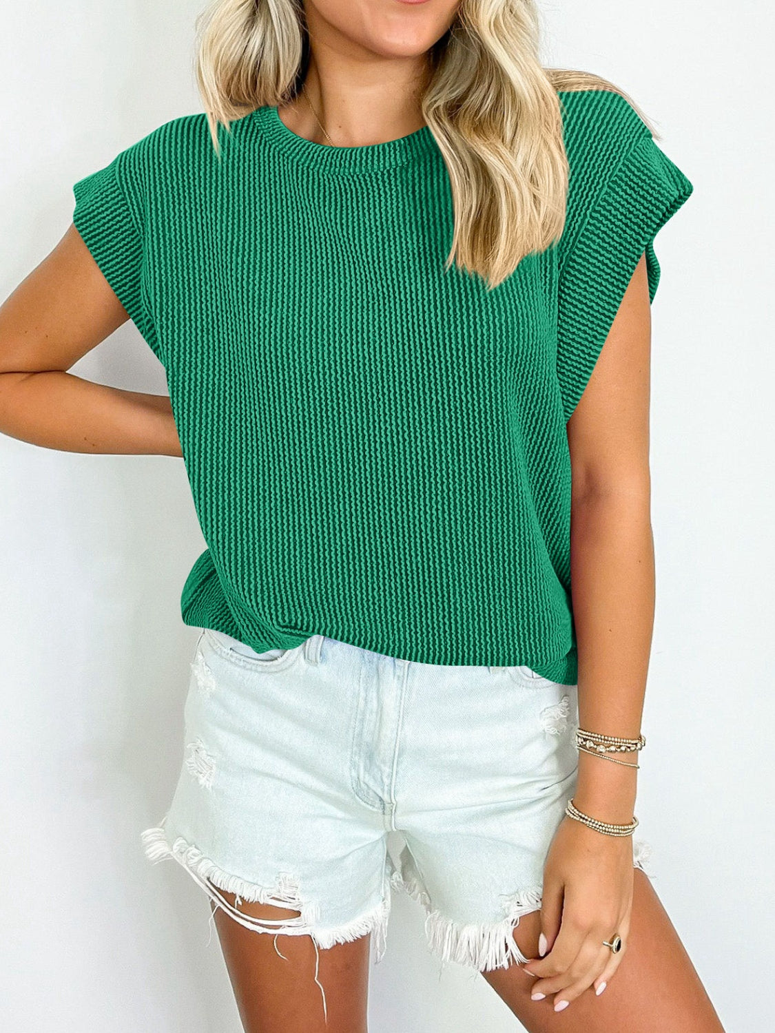 Lovelet Textured Round Neck Cap Sleeve Blouse.