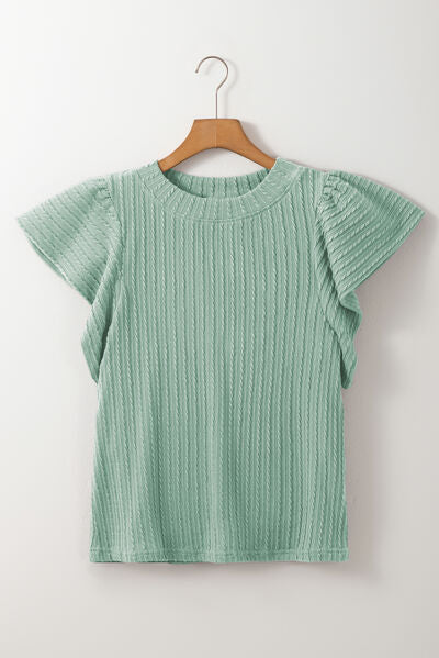 Textured Round Neck Flounce Sleeve Blouse.