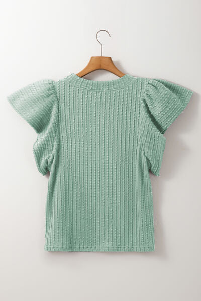 Textured Round Neck Flounce Sleeve Blouse.