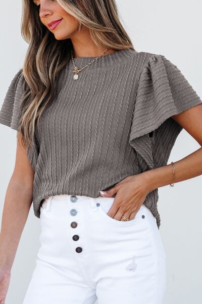 Textured Round Neck Flounce Sleeve Blouse.