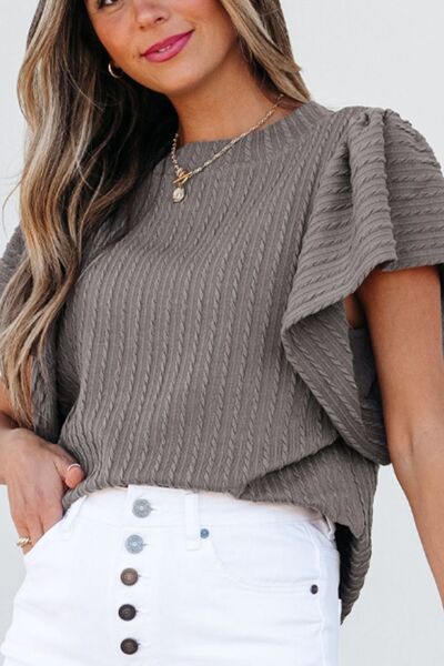 Textured Round Neck Flounce Sleeve Blouse.