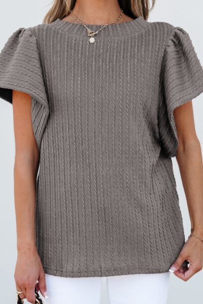 Textured Round Neck Flounce Sleeve Blouse.