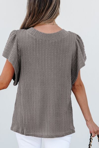 Textured Round Neck Flounce Sleeve Blouse.