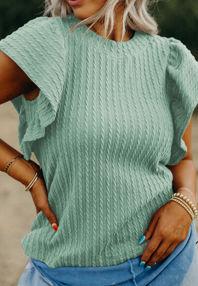 Textured Round Neck Flounce Sleeve Blouse.