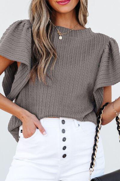 Textured Round Neck Flounce Sleeve Blouse.