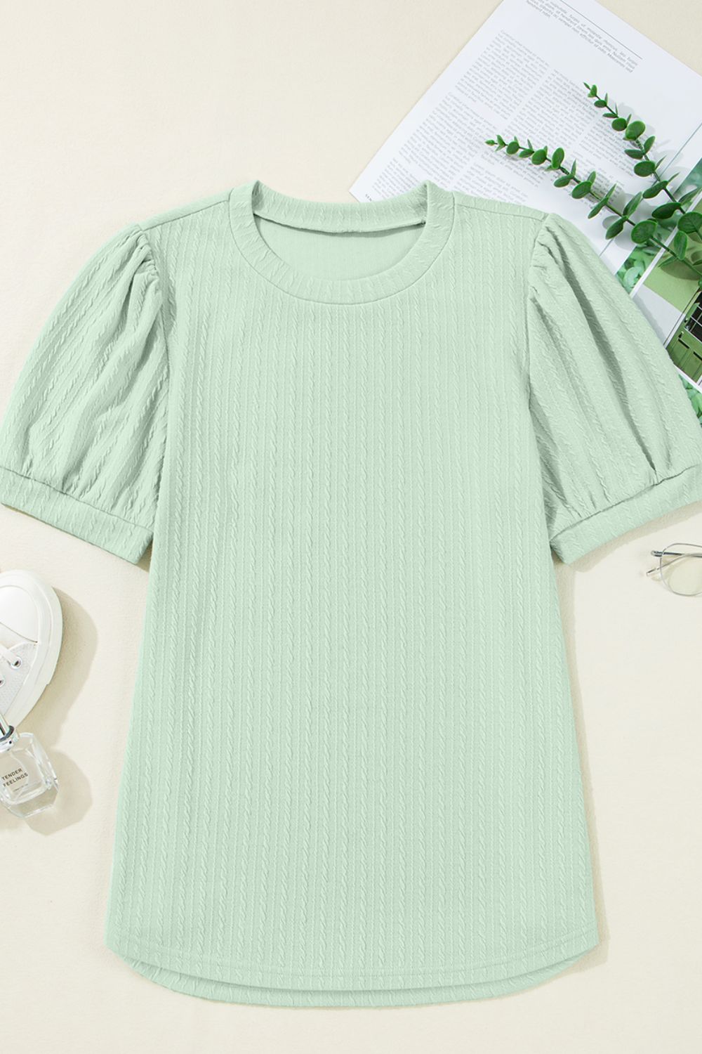 Textured Round Neck Short Puff Sleeve Top.