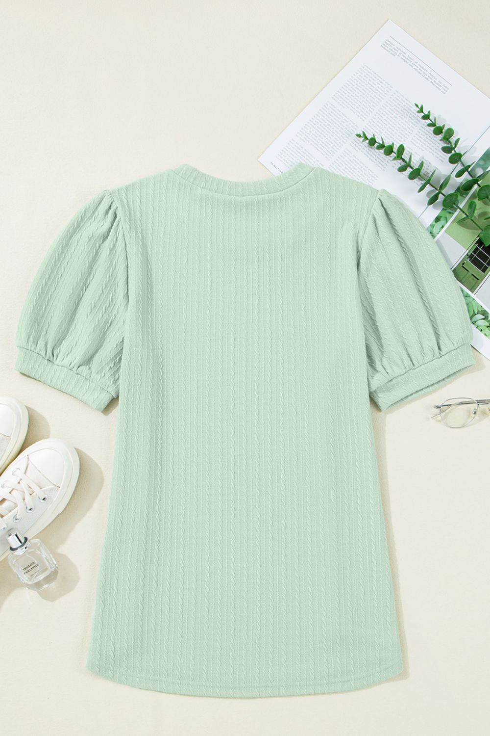 Textured Round Neck Short Puff Sleeve Top.