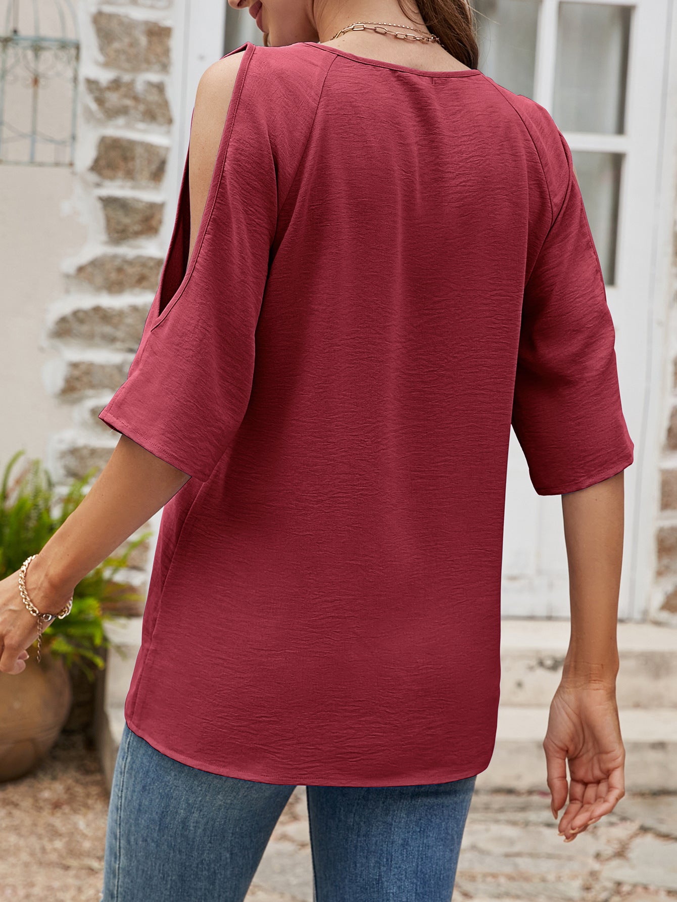Textured Round Neck Split Sleeve Top.