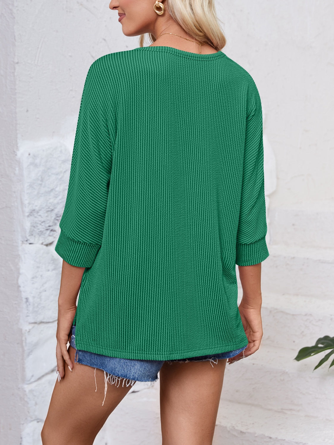 Lovelet Textured Round Neck Three-Quarter Sleeve Blouse.