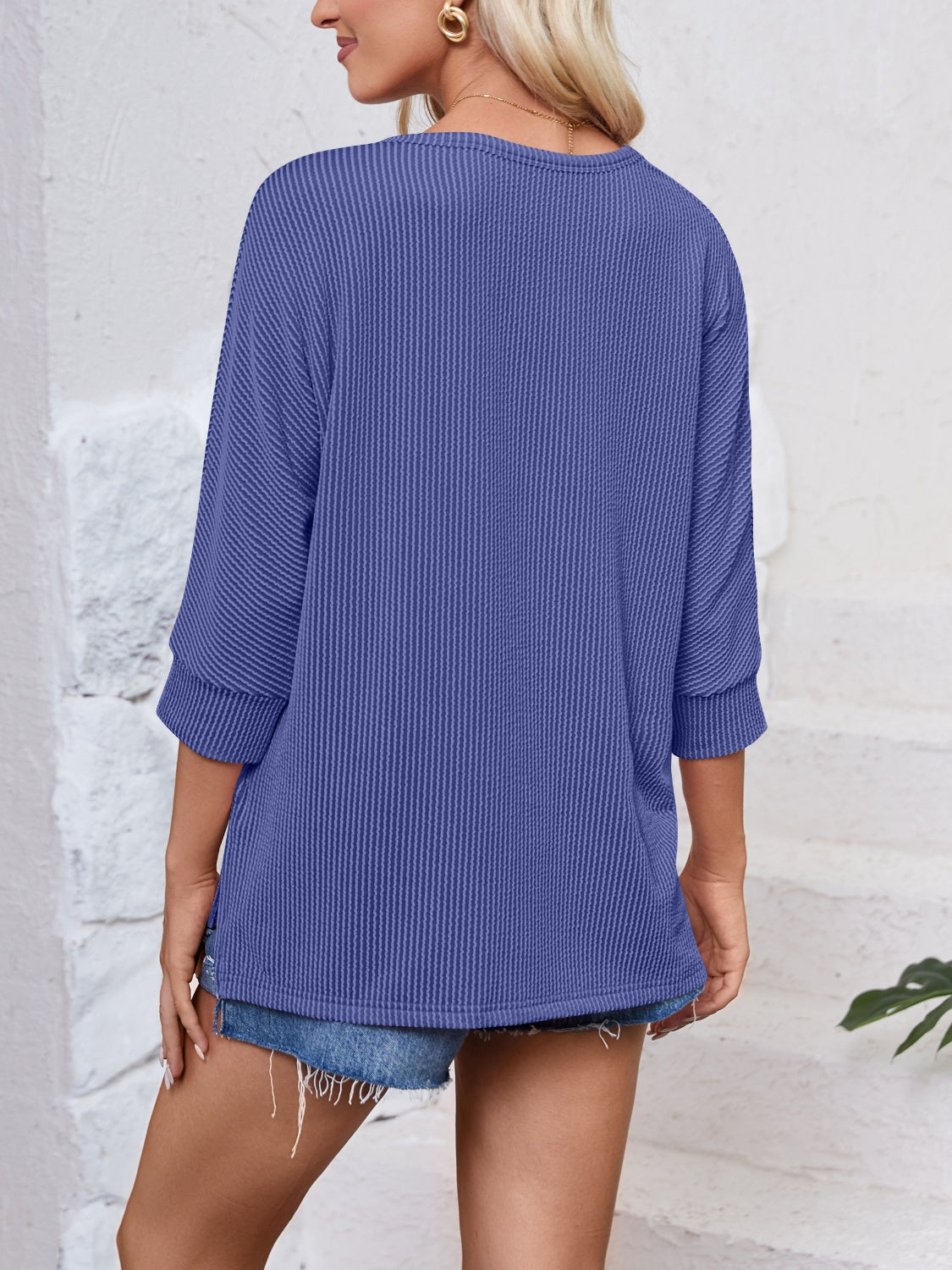 Lovelet Textured Round Neck Three-Quarter Sleeve Blouse.
