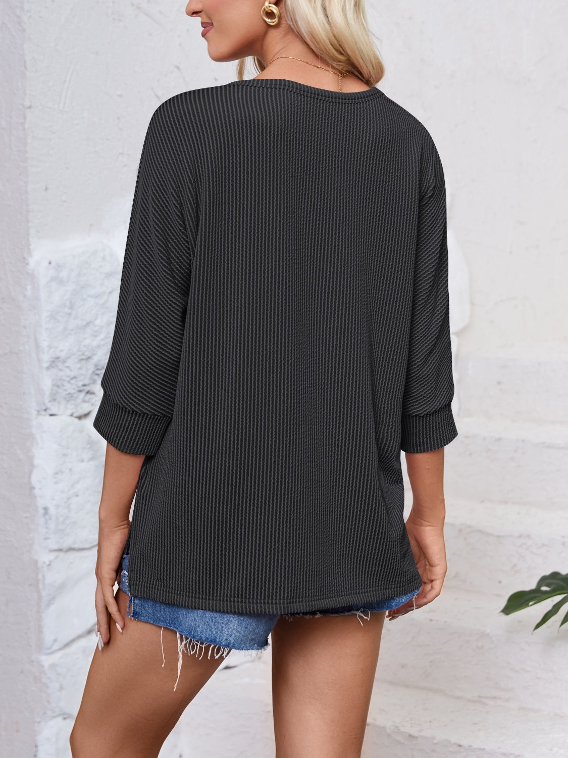 Lovelet Textured Round Neck Three-Quarter Sleeve Blouse.