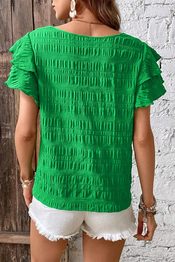 Textured Ruffled Sleeve Round Neck Top.